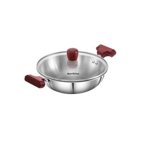 Hawkins Triply Stainless Steel Deep Fry Pan Kadhai 1.5 Litre with Glass Lid