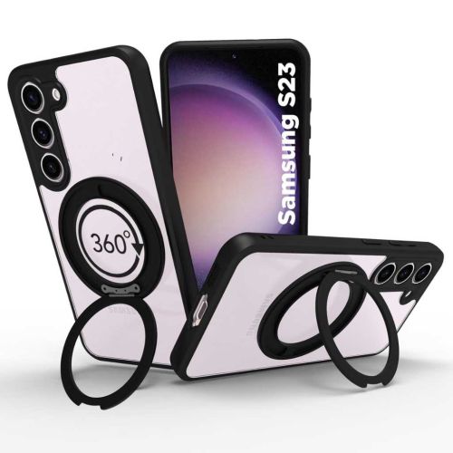 RIGGEAR Shockproof Sleek Hybrid Armor 360° Rotating Magnetic Ring Stand Back Cover Case for Samsung Galaxy S23 (Clear PC + Black TPU Bumper)